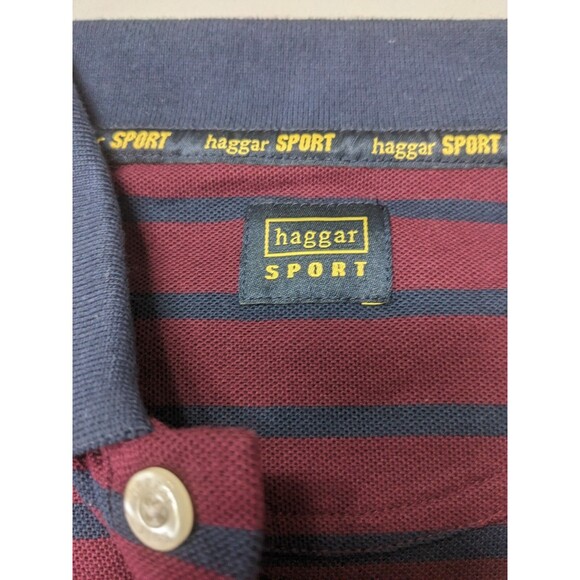 Haggar Shirt Polo Men's Size Large Navy/Burgundy Striped Short Sleeve Shirt - Picture 2 of 4